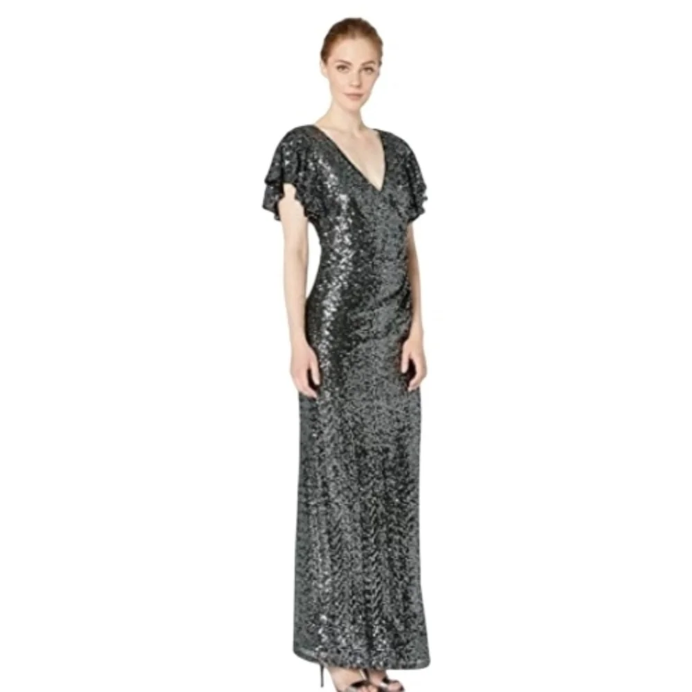 Marina Gunmetal Flutter Sleeve Sequined Formal Evening Dress, 14, Elegant, Party